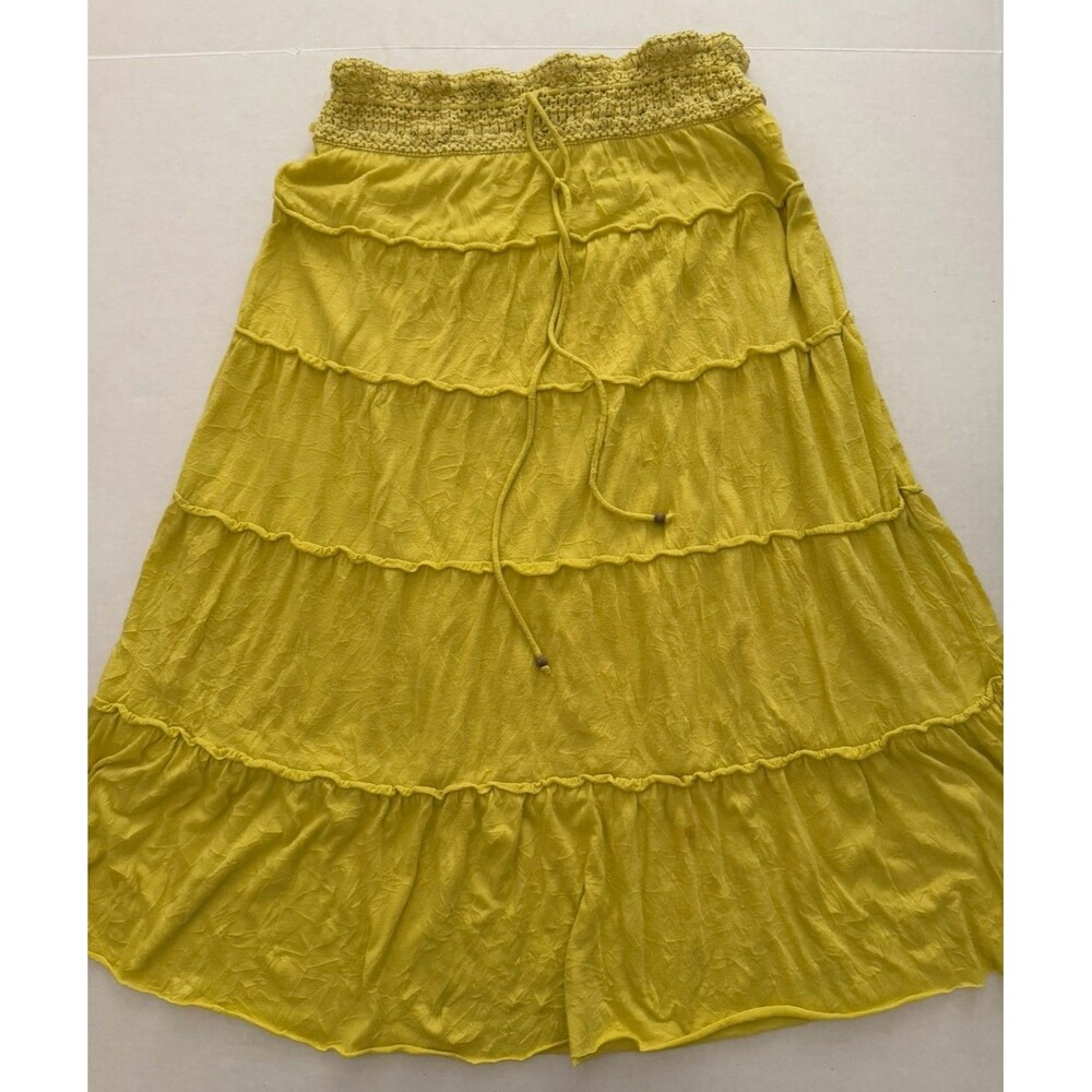INC International Concepts Yellow Tiered Crinkle Knit Midi Skirt Crochet M